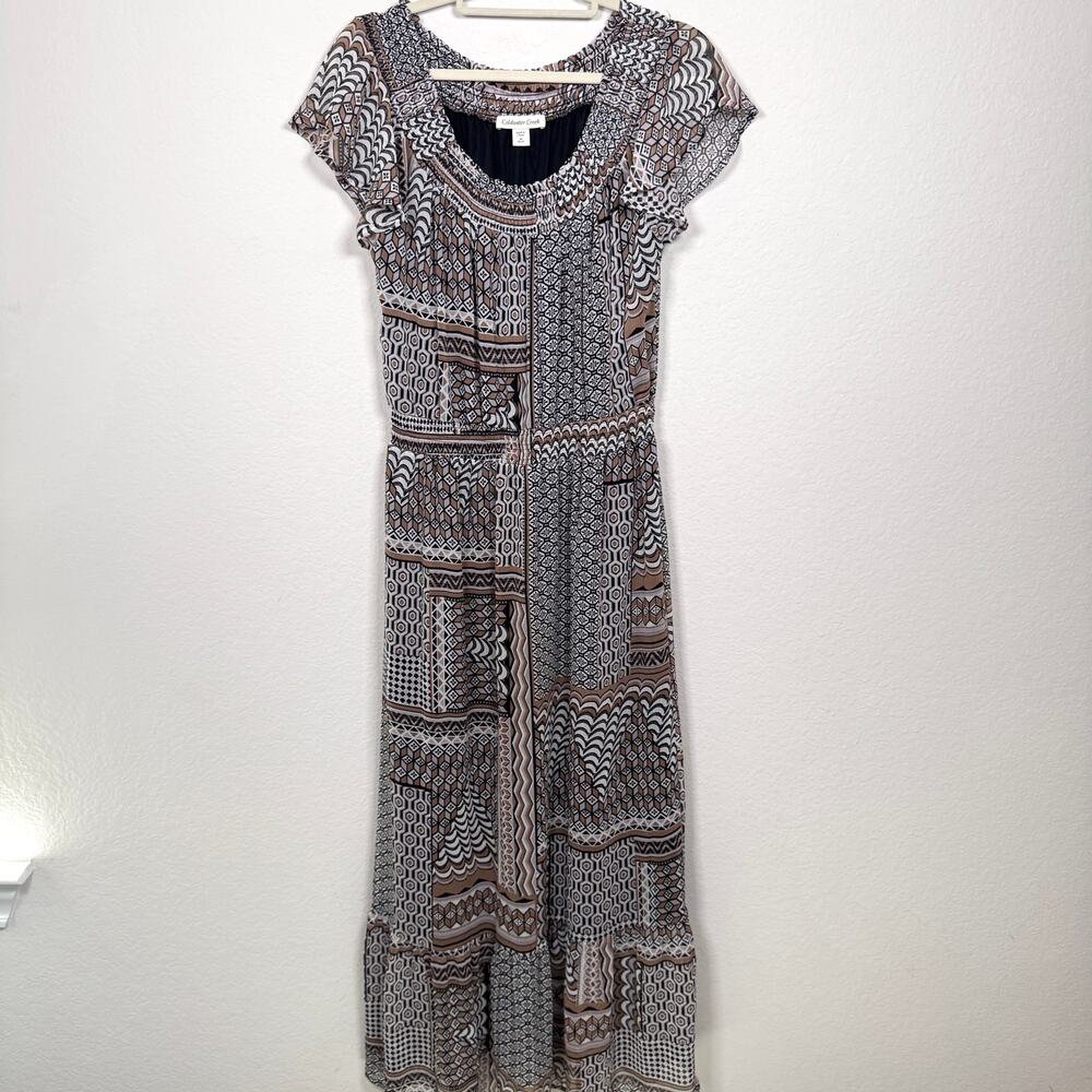 Coldwater Creek Womens Flowy Boho Maxi Dress Size M Bohemian Geometric Brown